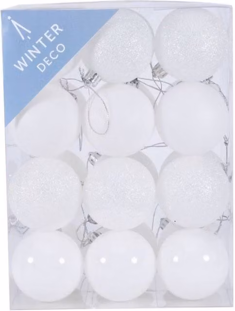 KDMD 24 Pack White Shatterproof Round Christmas Baubles, 6 cm