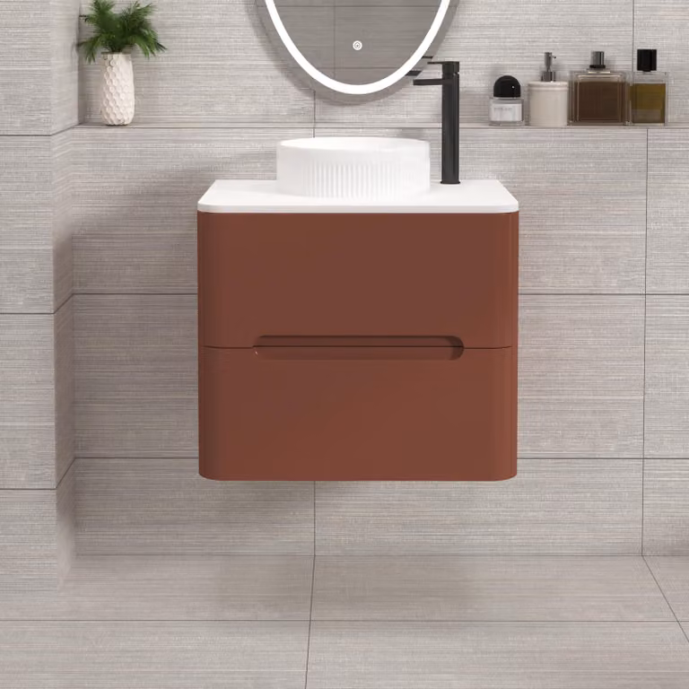 Royal Bathrooms Venice Wall Hung Vanity Unit in Terracotta Clay with 2 Drawers and White Worktop and Round Basin, Width: 60 cm