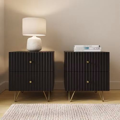 GFW Thalia Set of 2 Black Bedside Tables with Fluted Front and 2 Drawers, W/D/H: 40 x 40 x 46.5 cm – 1