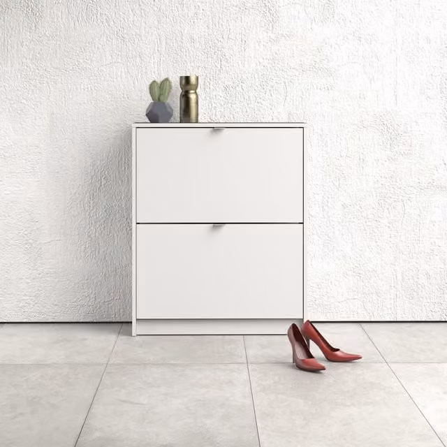 Furniture To Go White Minimalist 2-Layer Shoe Cabinet with 2 Tilting Doors