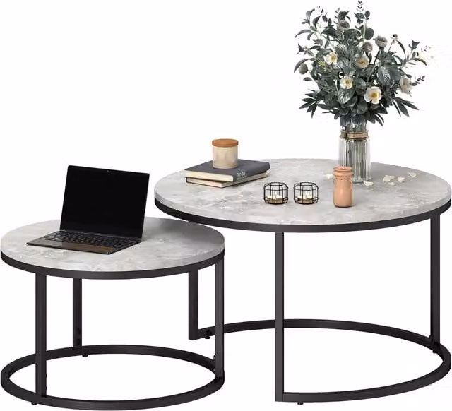 Furnold Set of 2 Round Nesting Tables with Faux Marble Top in Grey and Black