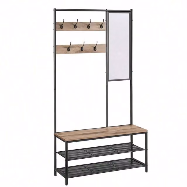 VASAGLE 4-in-1 Industrial Hall Tree with Bench and Shoe Storage, Brown and Black