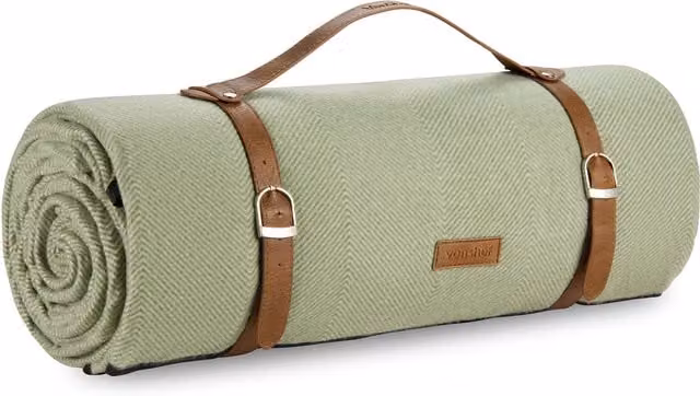VonShef Herringbone Picnic Blanket in Green with Waterproof Underside