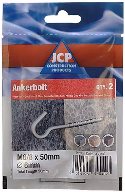 JCP Construction Products Galvanised Steel Hook Bolts in Silver, 6 x 50 mm, Pack of 2