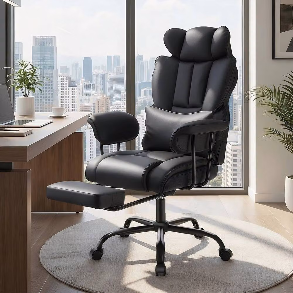 NESTLUNE Black Heavy Duty Executive High Back Office Chair with Headrest and Synthetic Leather Finish – 2