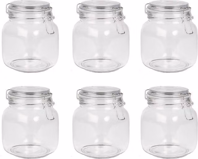 Maison & White Set of 6 Leakproof Glass Storage Jars with Clip Top Lids, 1 l each, Transparent