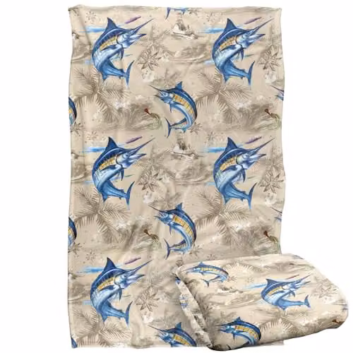 JQ Licensing Marlin Tiki Fishing Pattern Super Soft Polyester Fleece Throw Blanket, Multicolour, W/D/H: 91 x 147 cm