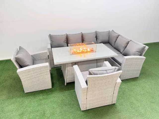 Fimous Outdoor Garden Dining Set with Gas Firepit Table and Chair in Light Grey