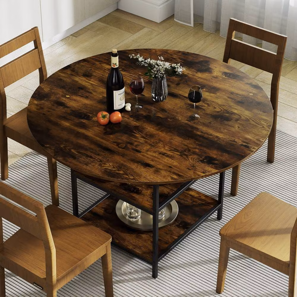 Costway Modern Round Dining Table with 2 Storage Shelves in Brown, Diameter: 120 cm – 5