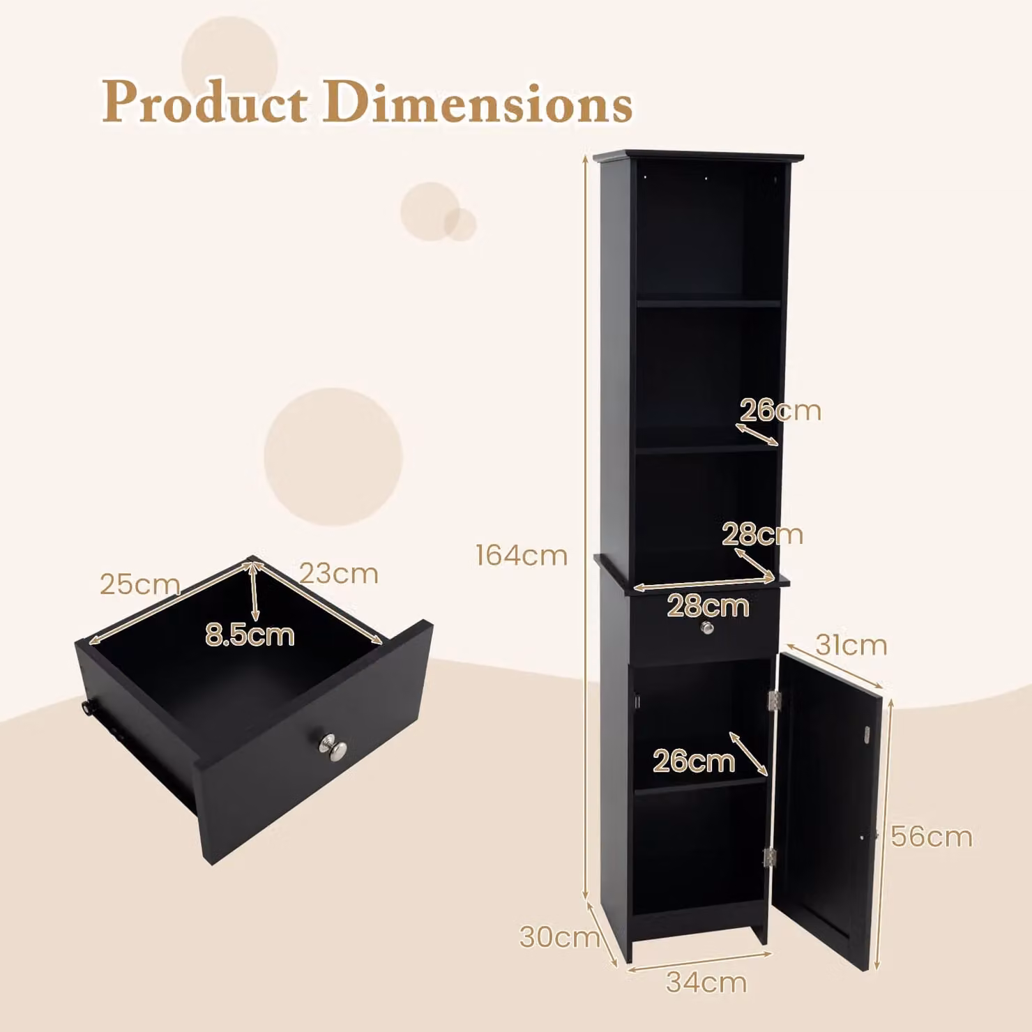 Gymax Modern Black Freestanding Bathroom Cabinet with Hinged Doors and Adjustable Internal Shelves, H 164 cm x W 30 cm x D 30 cm – 3