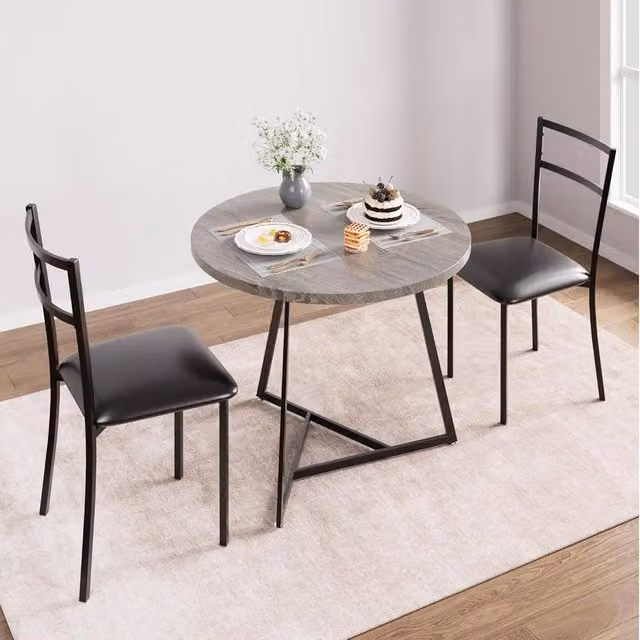 London Boutique 3-Piece Dining Set with Round Kitchen Table and 2 Grey Upholstered Chairs