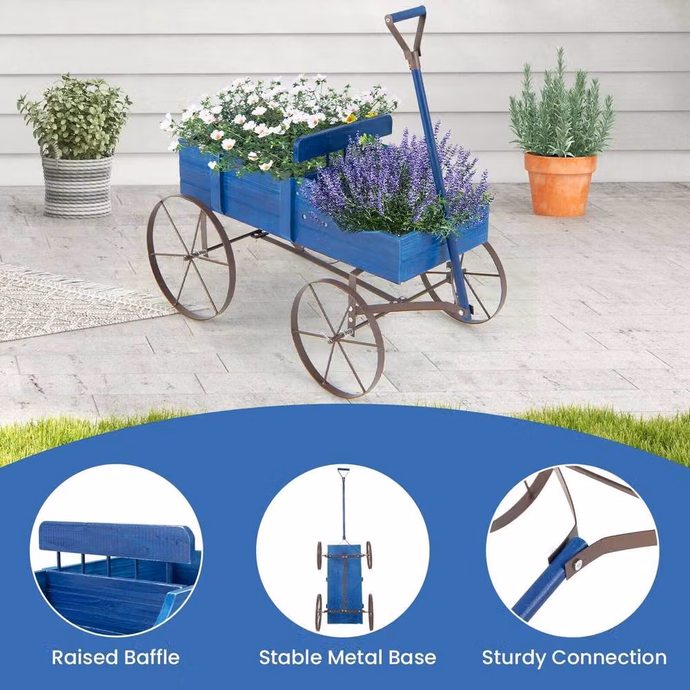 Gymax Blue Wood and Metal Decorative Wagon Flower Planter with Wheels, W/D/H: 62 x 34 x 60 cm – 9