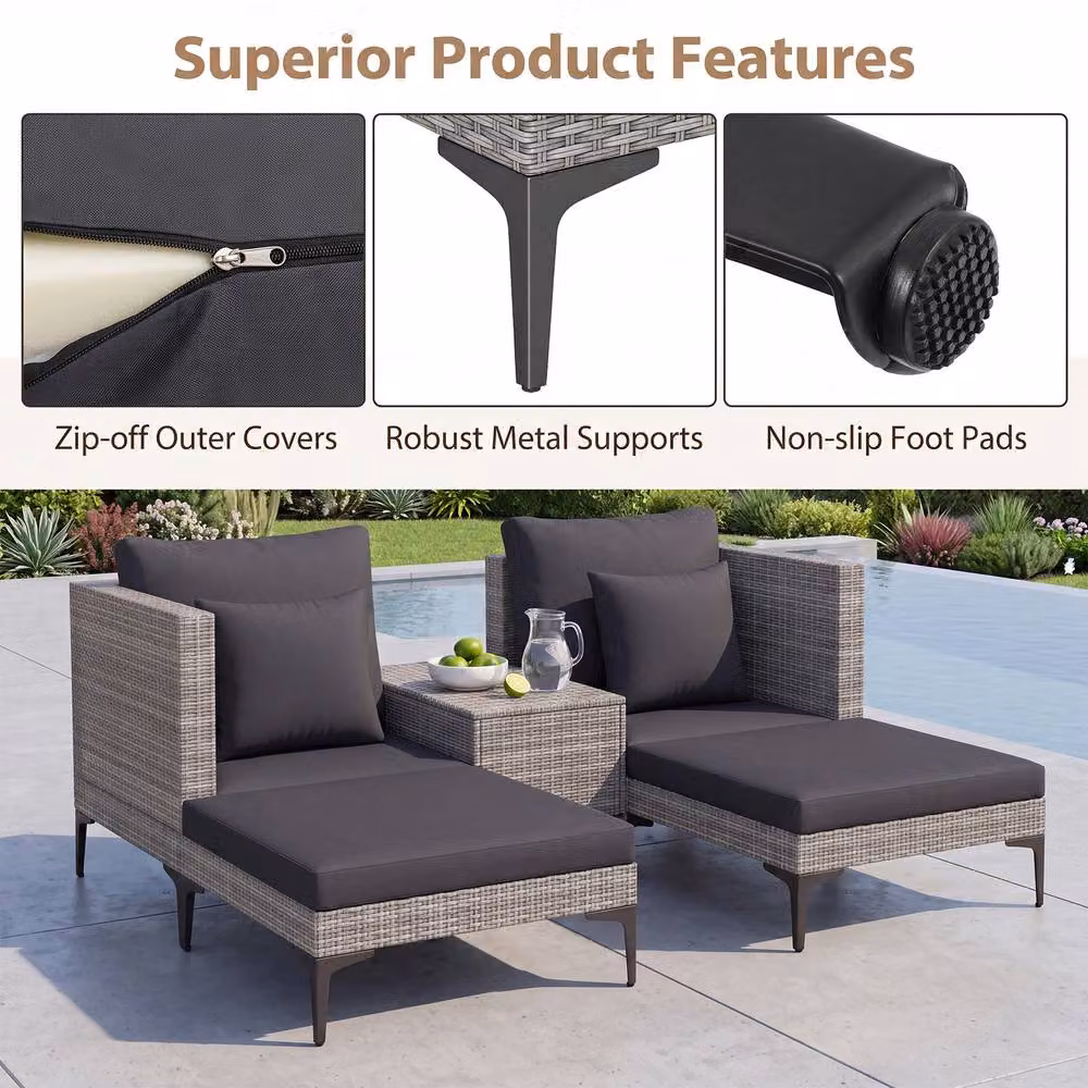 Costway 5-Piece Grey PE Rattan Patio Conversation Set with Upholstered Cushions and Side Table – 4