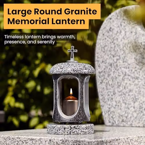 NOVECRAFTO Large Round Granite Memorial Lantern in Grey and Silver with Cross, H: 22 cm – 2