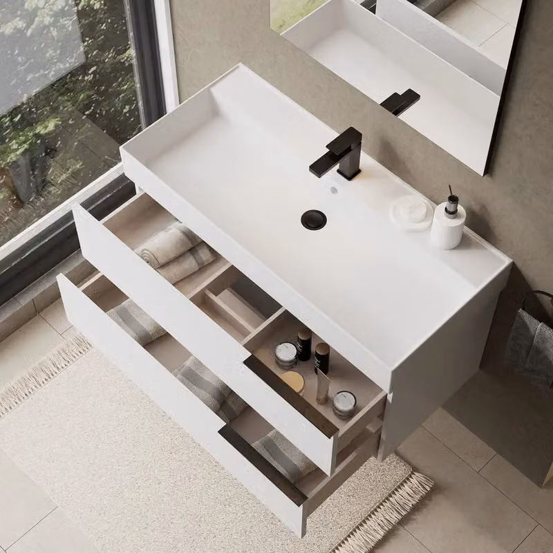 Banyetti Celtic Wall Hung Bathroom Vanity Unit with Veneto 1 Tap Hole Basin, Gloss White, W: 100 cm, D: 45 cm, H: 48 cm – 3