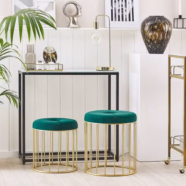 Wyld and Coco Nesting Pouffe Set of 2 in Dark Green Velvet with Gold Metal Base