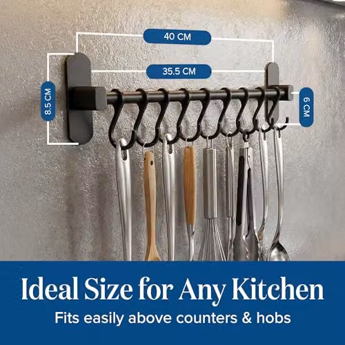 Joeji's Black Aluminium Kitchen Utensil Rack with 8 Hanging Hooks, 40 cm, Self-Adhesive Wall Mount – 4