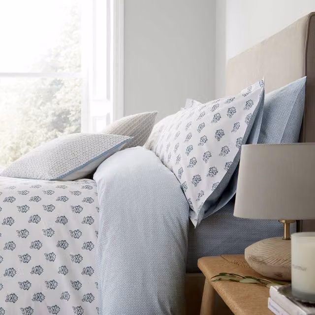 Murmur Edith Reversible Floral Cotton Percale Duvet Cover and Pillowcase Set, Blue, W: 180 cm, H: 200 cm