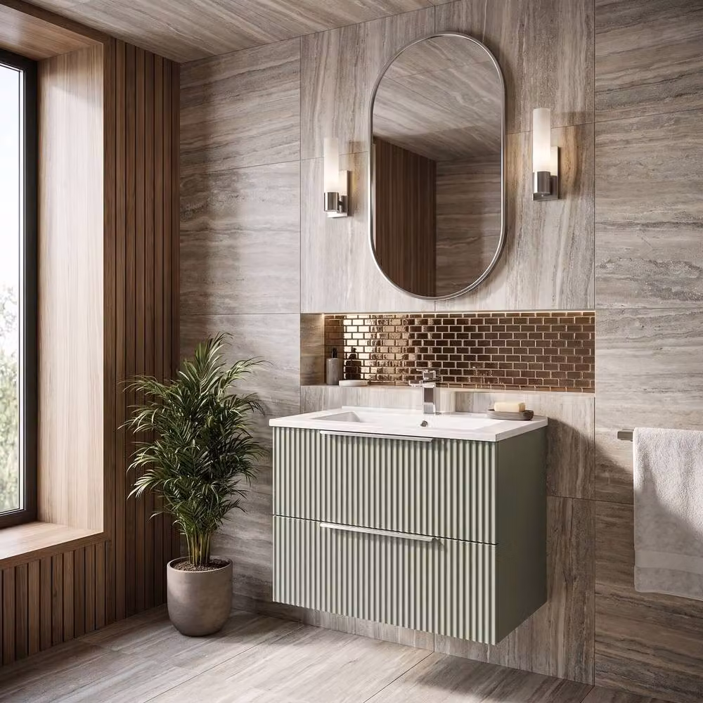 Balterley Tixall Fluted 2 Drawer Wall Hung Vanity Basin Unit, Satin Green, Width: 60 cm – 3