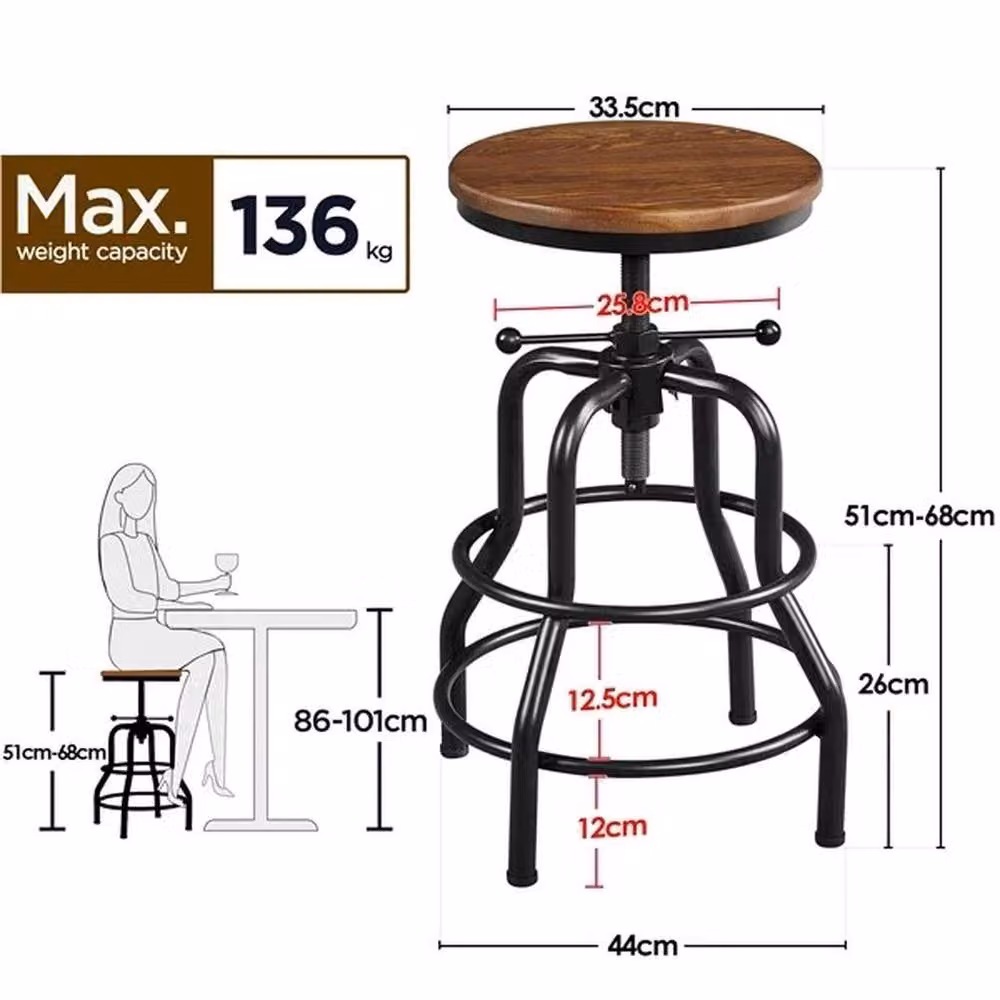 Kelvenix Industrial Height Adjustable Bar Stool in Brown with Pine Wood and Metal Frame – 2