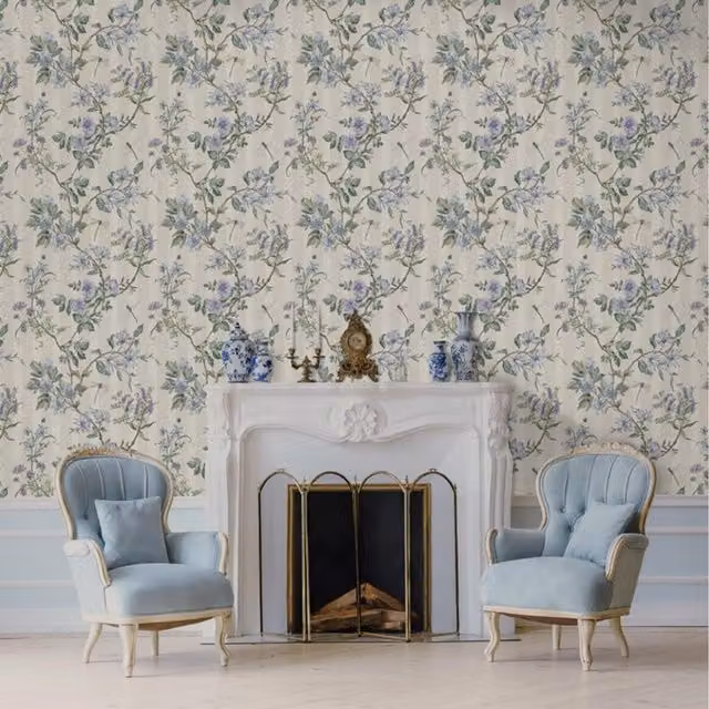 Holden Decor Blue Stripe Floral Leaves Damselfly Wallpaper