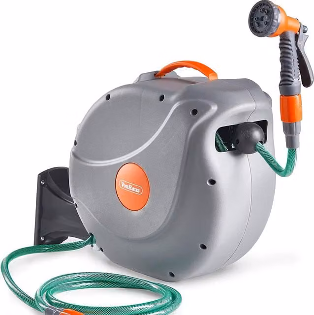 VonHaus Manual Wall-Mounted Garden Hose Reel, 30m, Orange and Grey