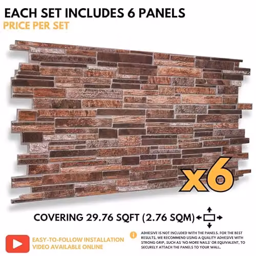 Novecrafto 3D Wall Panels Slim Stone Brick Effect PVC Cladding, Brown, 6 Sheets, W/H: 96 x 48 cm – 4