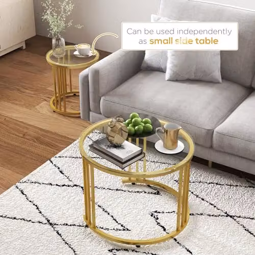 HOMCOM Set of 2 Round Nest of Tables with Tempered Glass Tops and Metal Frame in Gold – 3