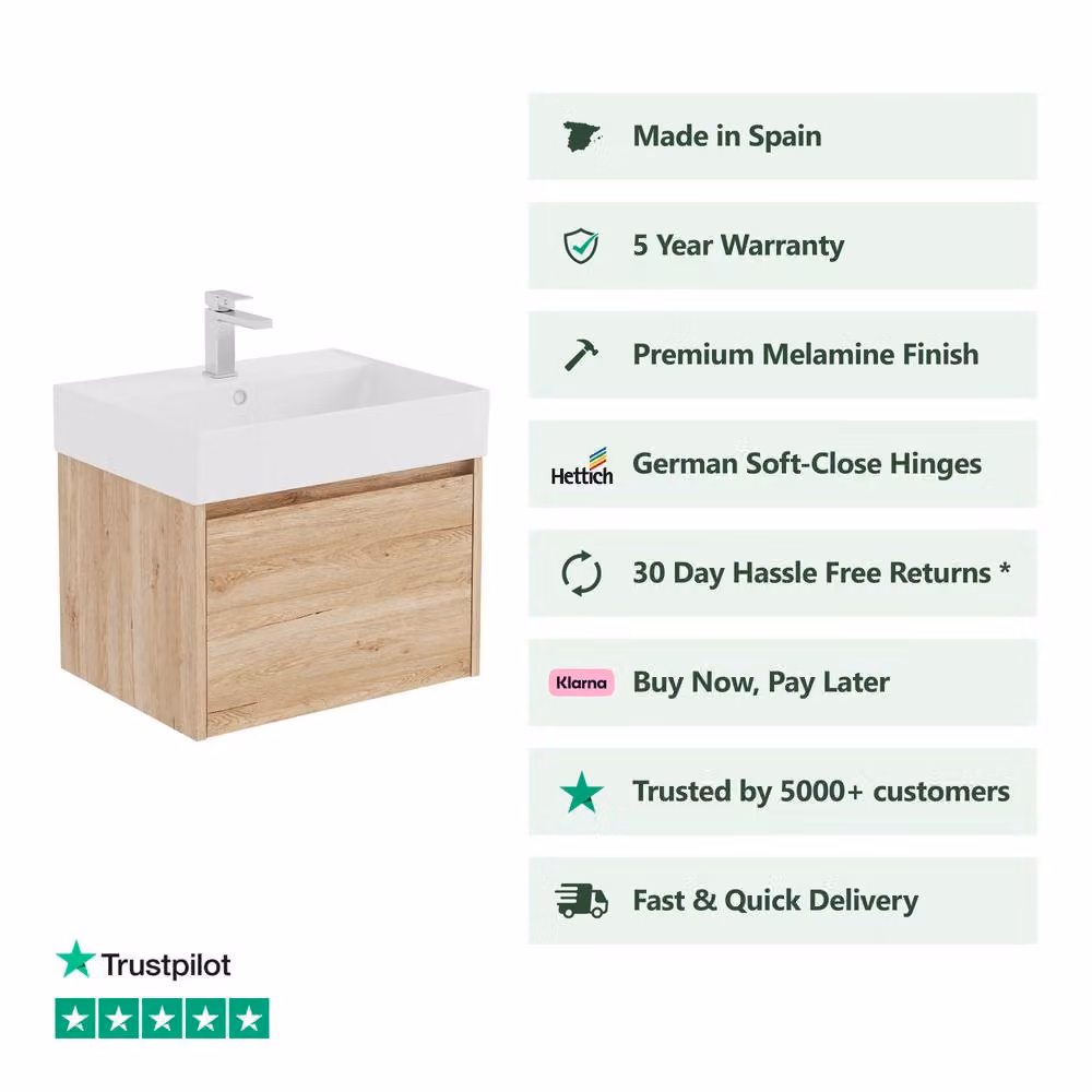 Banyetti Mino 800mm Wall Hung Vanity Unit with Veneto 1TH Basin in Natural Light Oak – 2