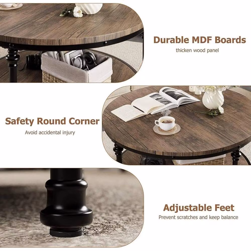 KORVIXA 2-Tier Round Wooden Coffee Table in Brown, Diameter: 100 cm – 4