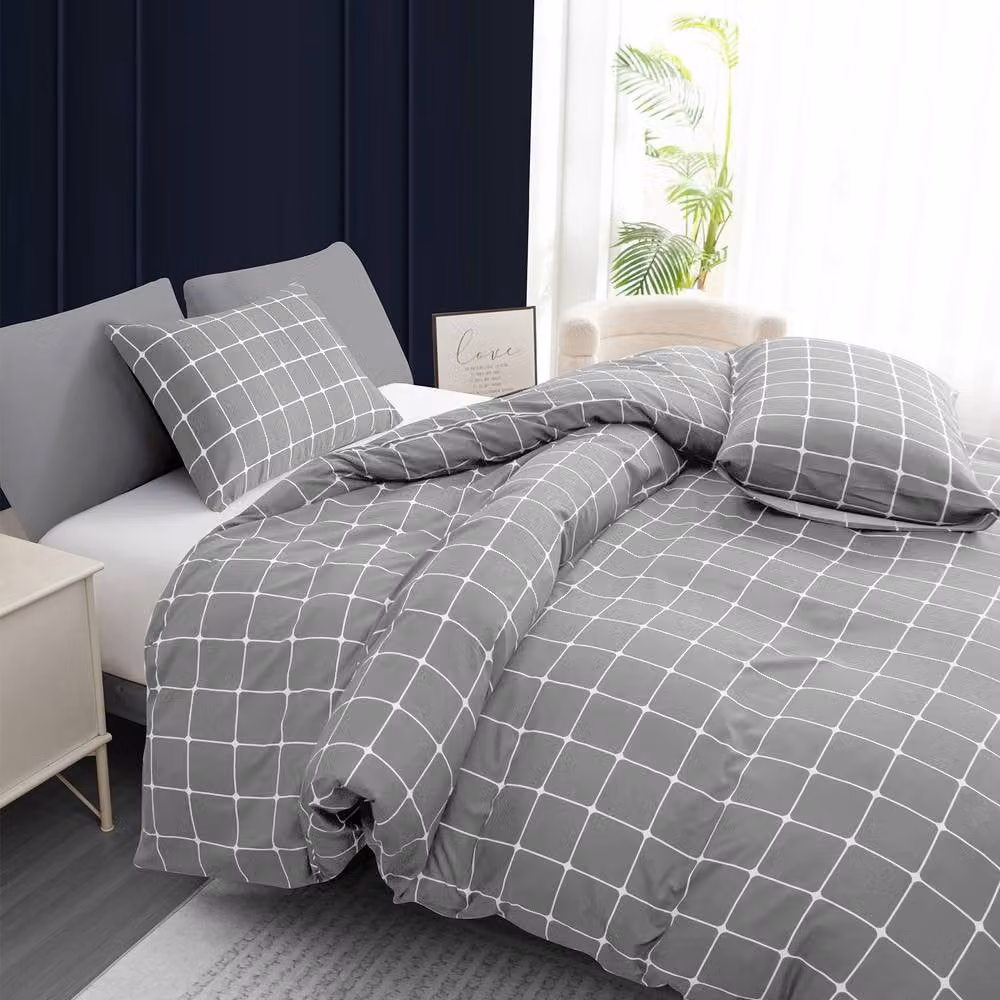 Lazzaro Grey Checked Single Duvet Cover and Pillowcase Set in Reversible Microfibre, W: 135 cm x L: 200 cm – 7