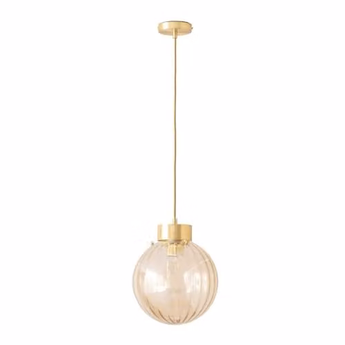 ValueLights Chessy Ribbed Glass Globe Ceiling Pendant Light in Gold/Brass with Bulb