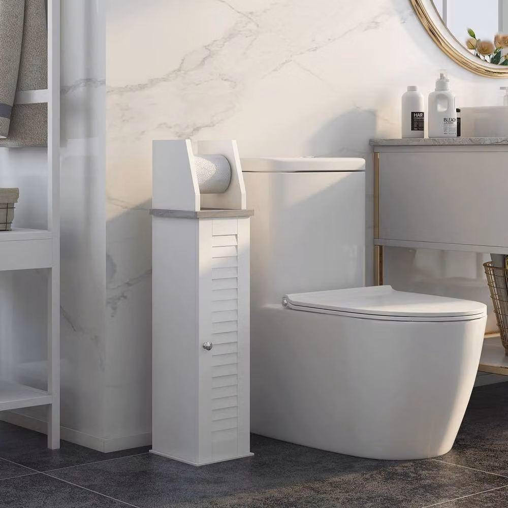Wyld Haus Semike Slim Freestanding White Bathroom Cabinet and Toilet Roll Holder – 3