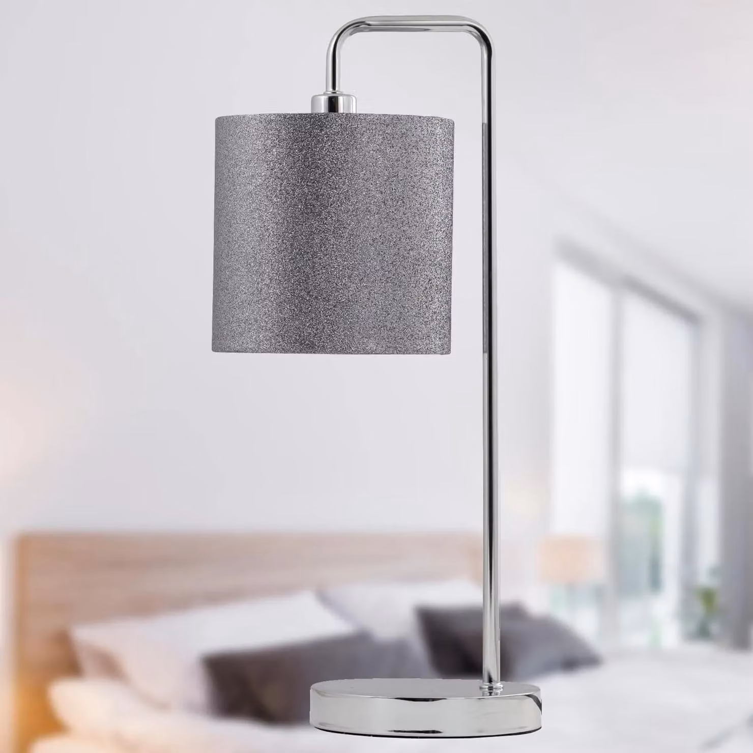 First Choice Lighting Chrome Arched Table Lamp with Grey Fabric Shade in Silver – 3