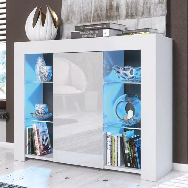 SPETLEK Modern White TV Unit with High Gloss Fronts and Glass Doors – 1