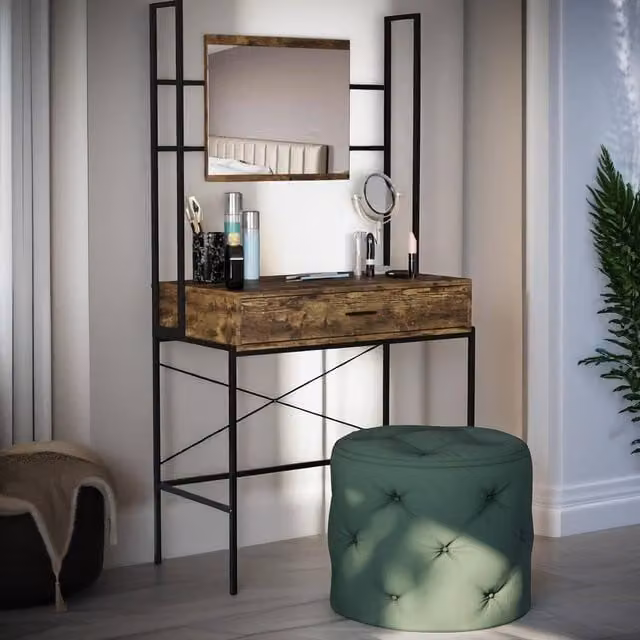 Pirlo Plush Industrial Dressing Table with Mirror in Brown, W/D/H: 150 x 40 x 83 cm