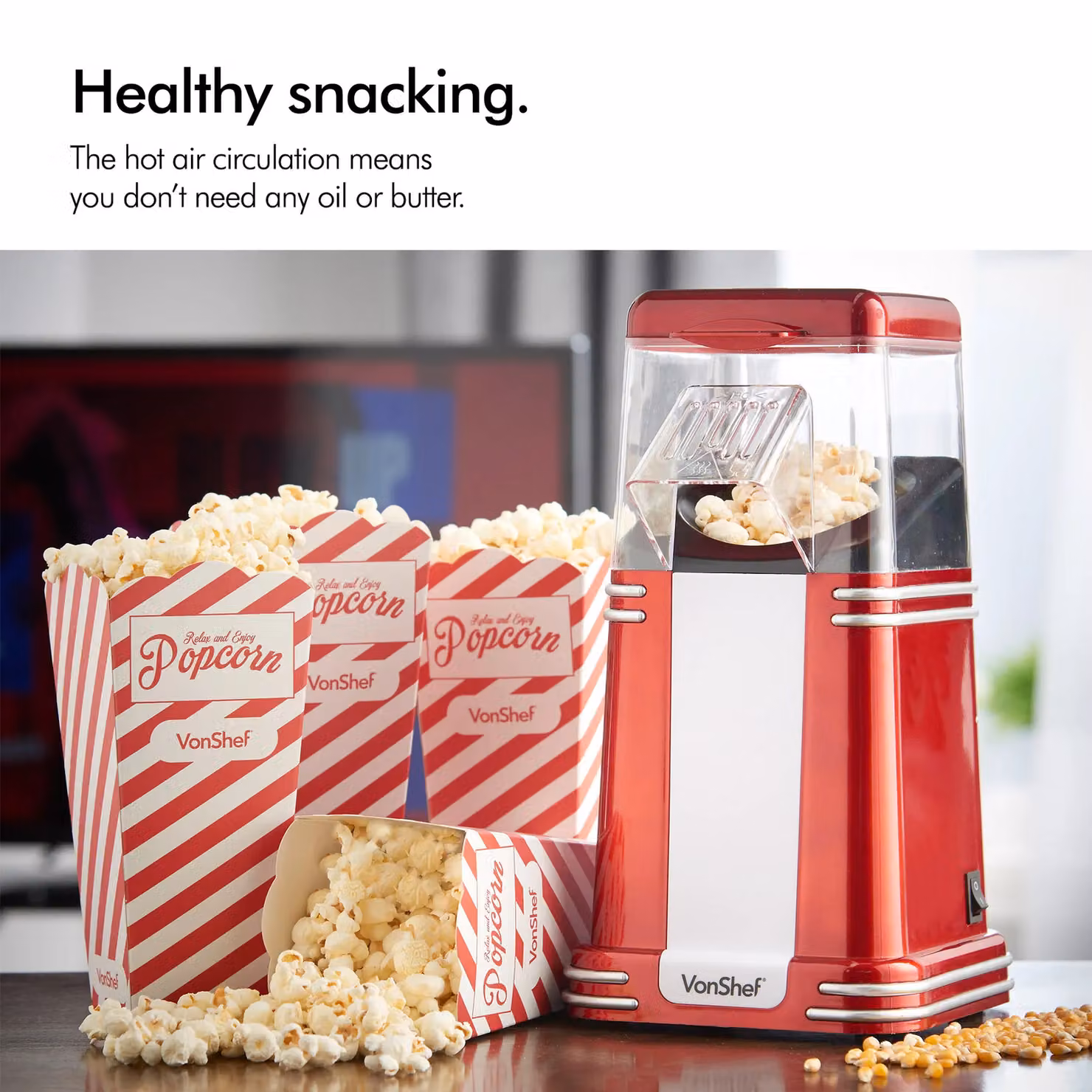 VonShef Retro Popcorn Maker Machine, 1200W Hot Air Circulation Air Popcorn Maker with One Touch Operation and 6 Boxes, Red – 5