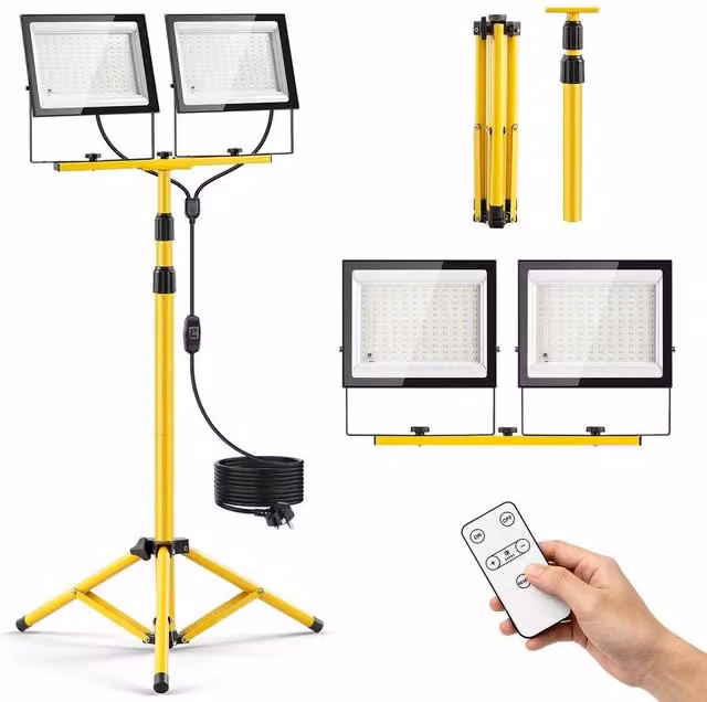 KORVIXA 230V Twin Head LED Tripod Site Floodlight with Remote Control, 15000 Lumens, Yellow