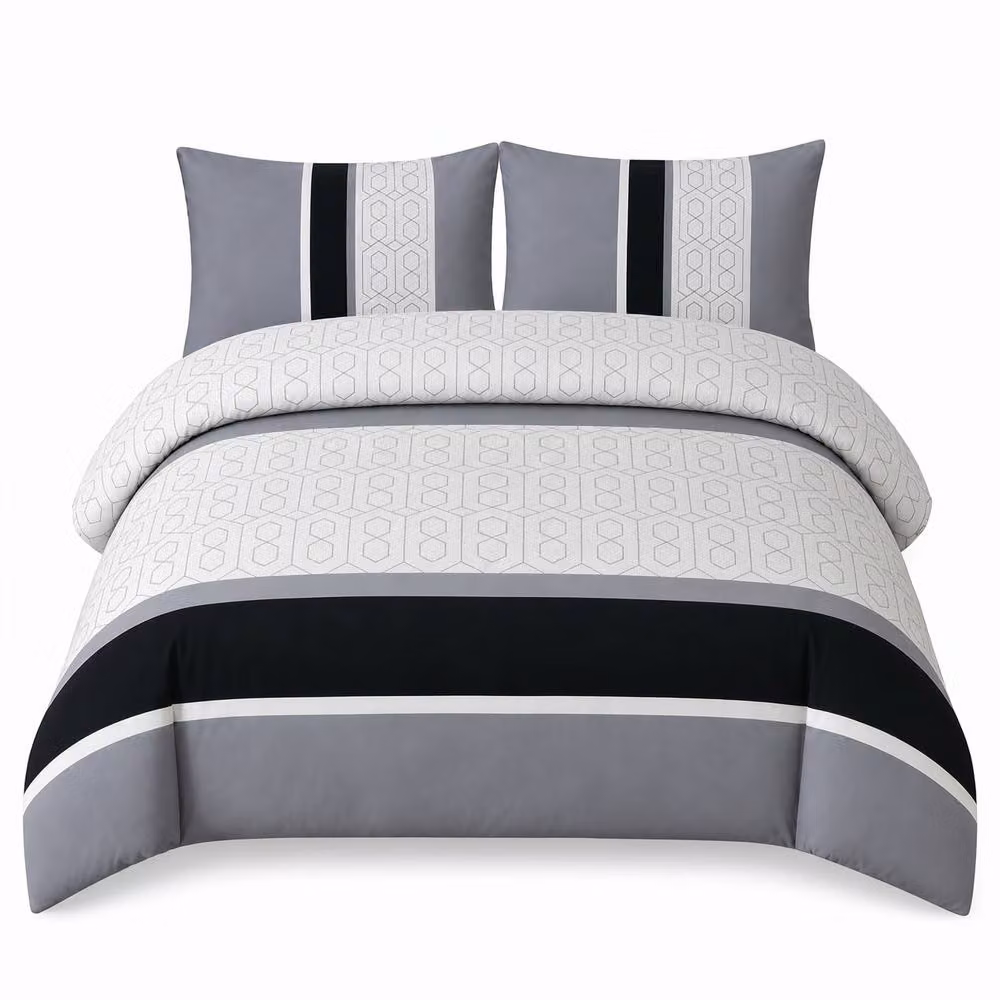 Pamposh Reversible Microfibre Duvet Cover Set with Graphic Design in Grey and Black, Single Size (90 x 200 cm) – 4