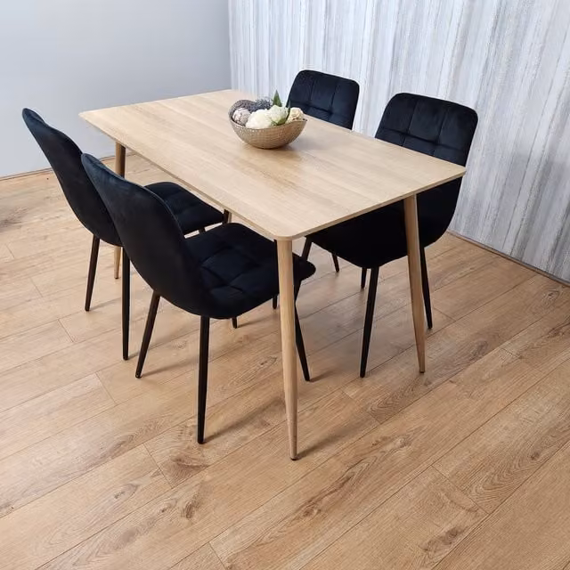 Kosy Koala Modern Rectangular Kitchen Dining Table and 4 Black Velvet Tufted Chairs Set, Black and Wood