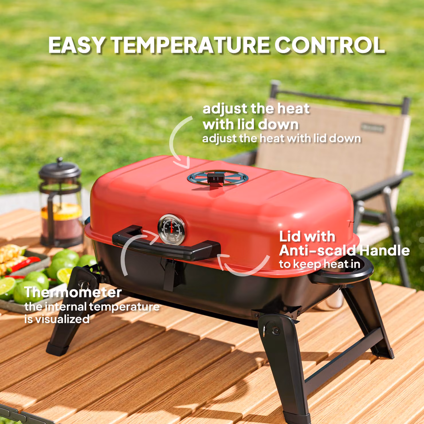Outsunny Red Charcoal Tabletop BBQ Grill with 1232 cm² Cooking Area, Thermometer and Warming Rack, W/D/H: 59 x 37 x 36 cm – 6