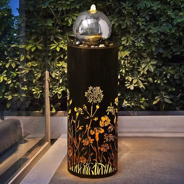 Primrose Wildflower Cut Out Design Garden Water Feature with LED Lights, Black, Height: 86 cm – 1
