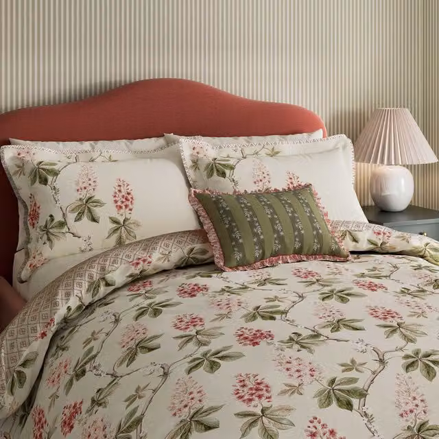 Sanderson Chestnut Tree Mako Satin Cotton Duvet Cover and Pillowcase Set, Pink, Beige and Multicolour, W: 180 cm, L: 200 cm