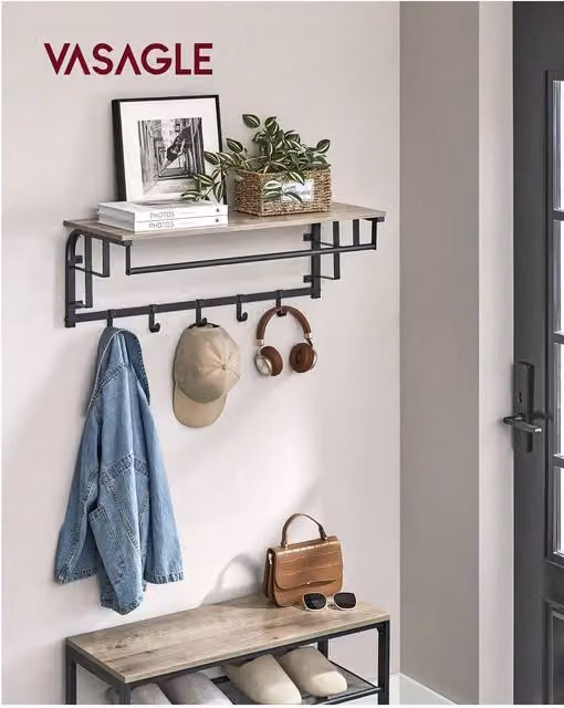VASAGLE Rustic Brown Wall-Mounted Entryway Coat Rack with Dual Hook and Rail Matrix