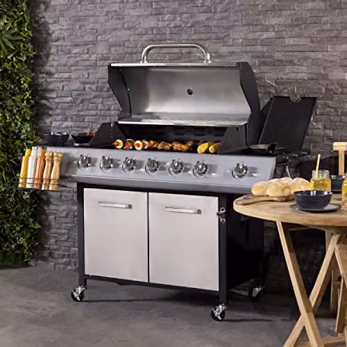 Charles Bentley 7 Burner Premium Gas BBQ Barbecue with Side Burner and Warming Rack in Silver, W: 152.5 cm, D: 110 cm – 1