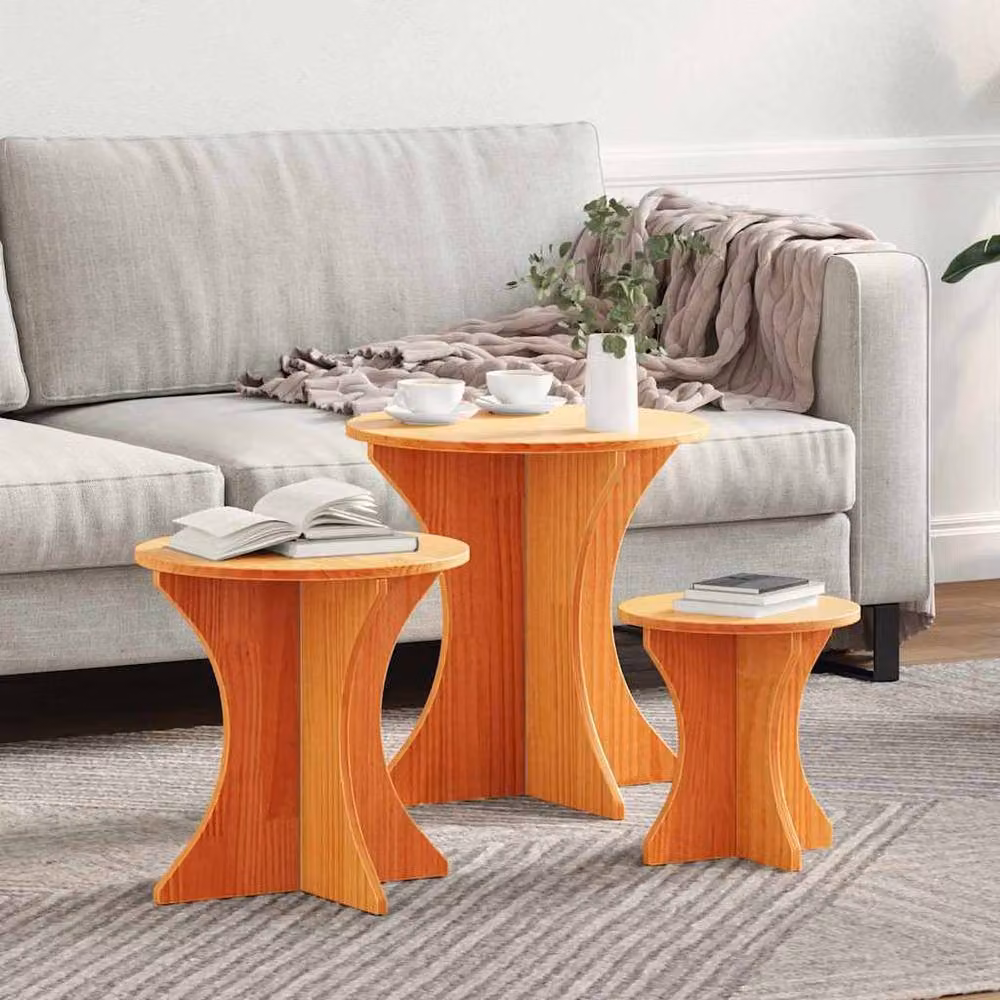 Berkfield Home 3-Piece Nested Coffee Table Set in Waxed Brown Solid Pine Wood – 2