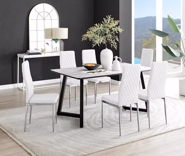 FurnitureboxUK Carson White Marble Effect Dining Table and 6 Milan Chrome Leg Chairs Set – 1