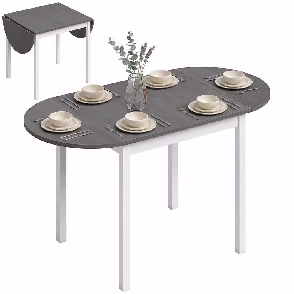 HOMCOM Grey Solid Wood Folding Dining Table with Drop Leaf Top for 4-6 People – 2