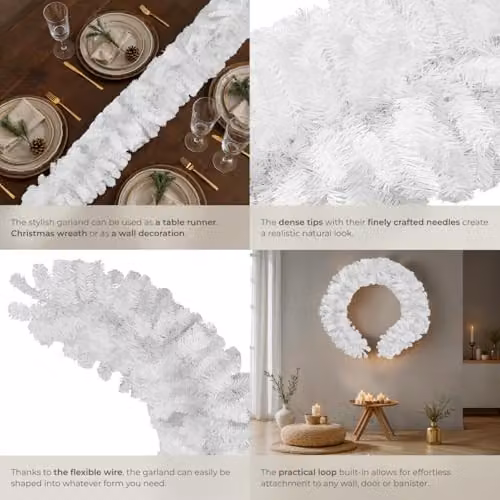 tectake Christmas Garland in White and Green with Lifelike Leaves and Hanging Loop – 5