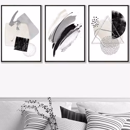ARTZE Set of 3 Abstract Black, Grey and Ivory Watercolour Shape Paper Posters, W: 42 cm, H: 59 cm – 1